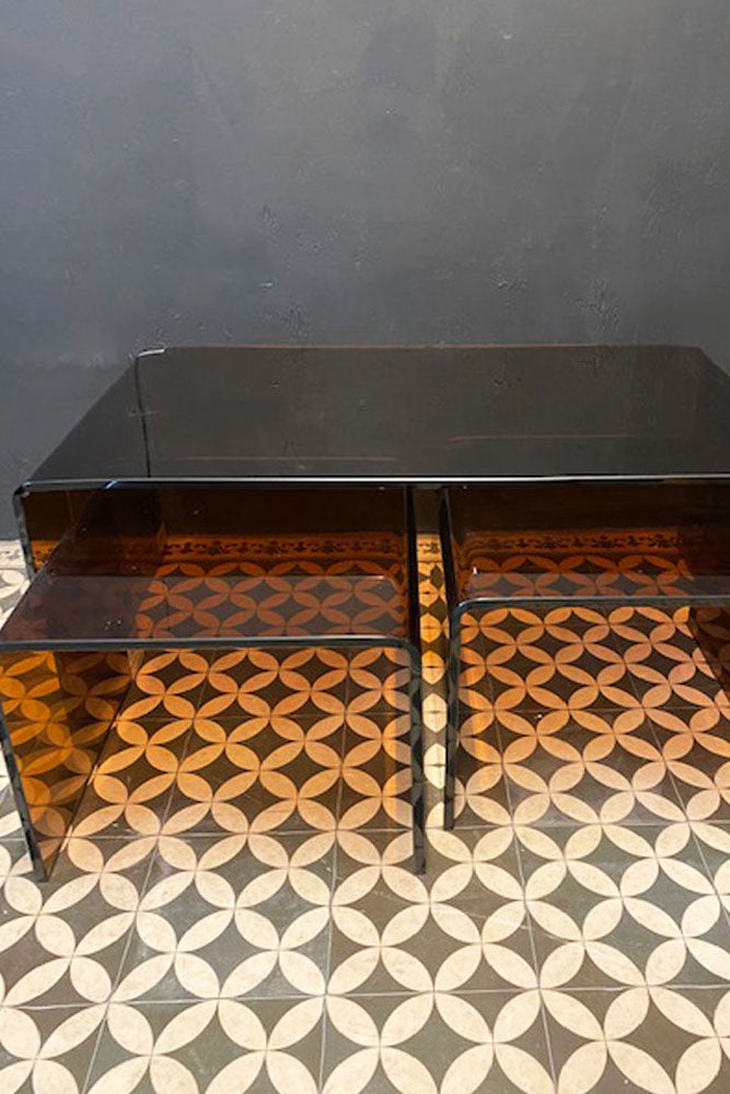 Set Of 3 Amber Glass Nest Of Coffee Tables - DISCONTINUED