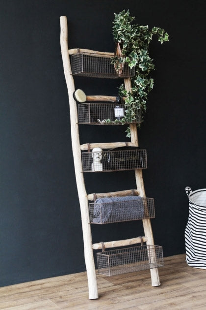 Wooden Ladder with 5 Basket Shelves